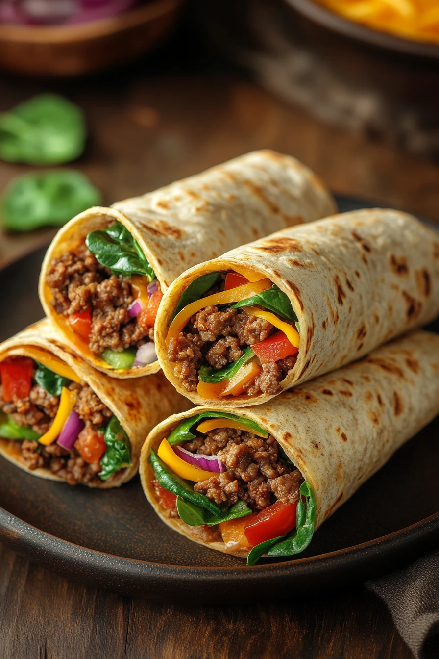 Close-up of high protein beef wraps with fresh ingredients on a clean background