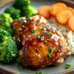 Close-up of honey garlic chicken thigh with a glossy sauce and herbs on a white plate.