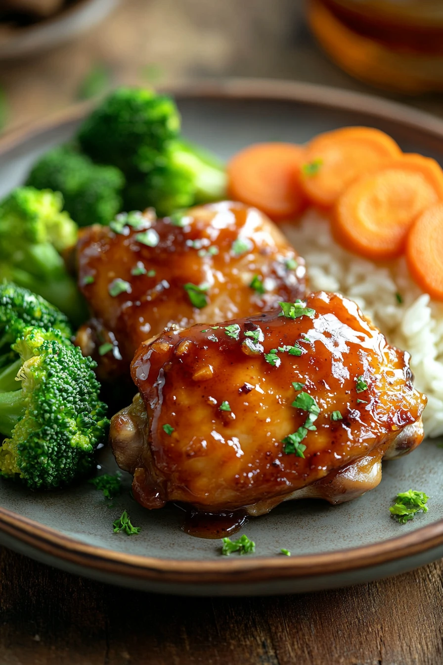 Close-up of honey garlic chicken thigh with a glossy sauce and herbs on a white plate.
