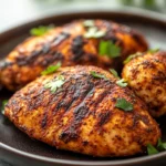 Close-up of jerk chicken breast cooked in an air fryer with a golden crust