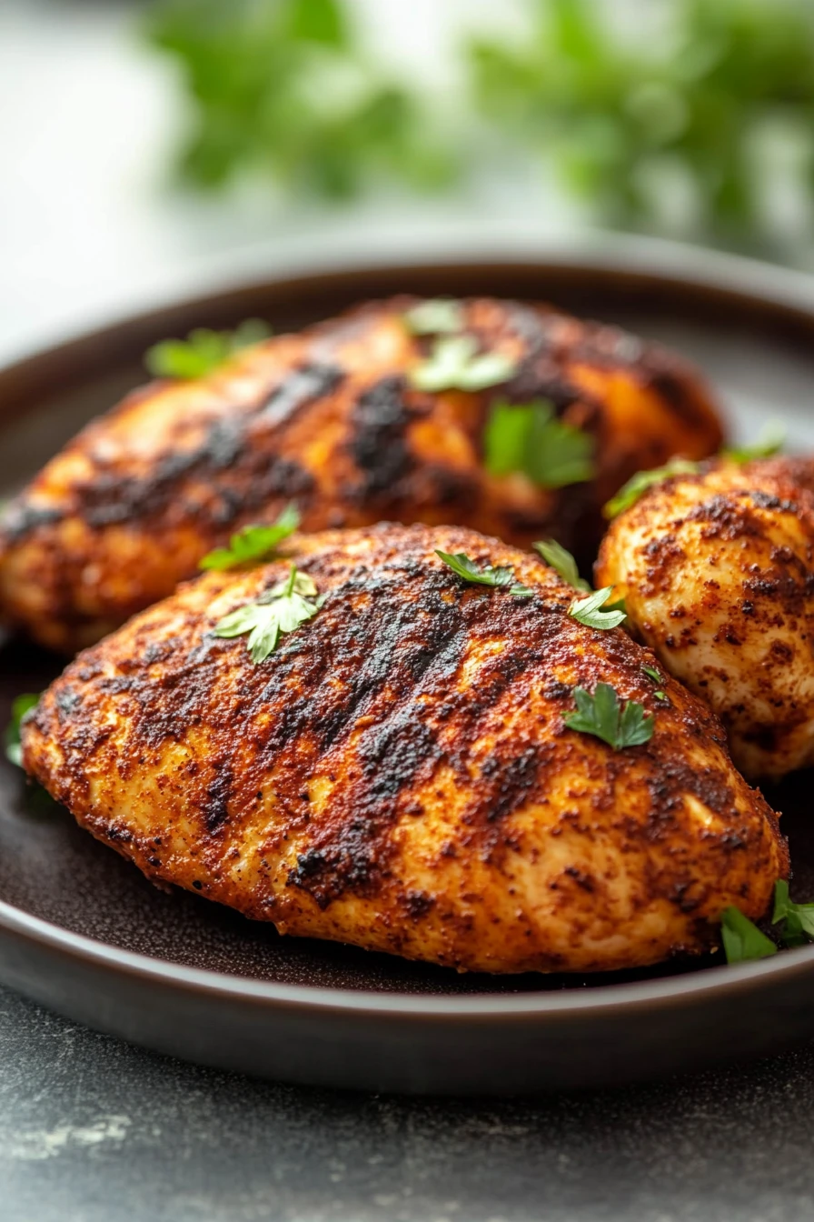 Close-up of jerk chicken breast cooked in an air fryer with a golden crust