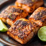 Close-up of jerk salmon cooked in an air fryer with a clean background