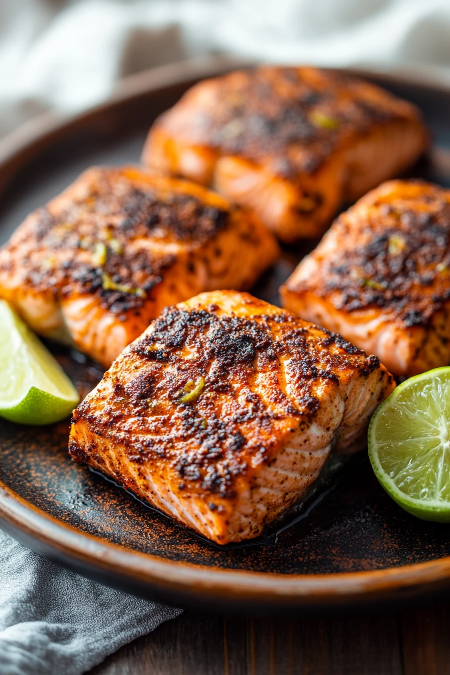 Close-up of jerk salmon cooked in an air fryer with a clean background