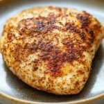 Juicy air fryer boneless chicken breast with a golden crust on a white plate.