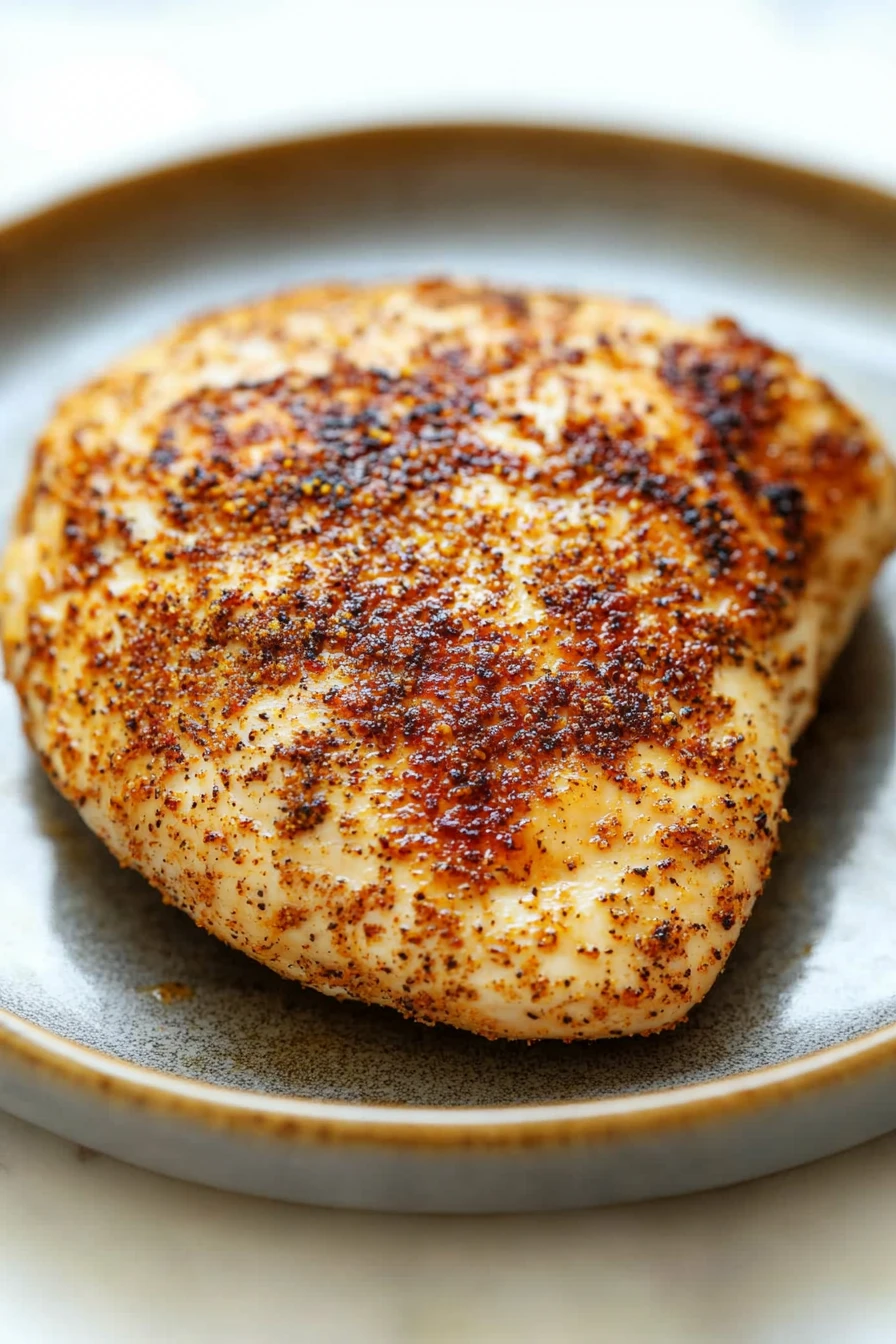 Juicy air fryer boneless chicken breast with a golden crust on a white plate.