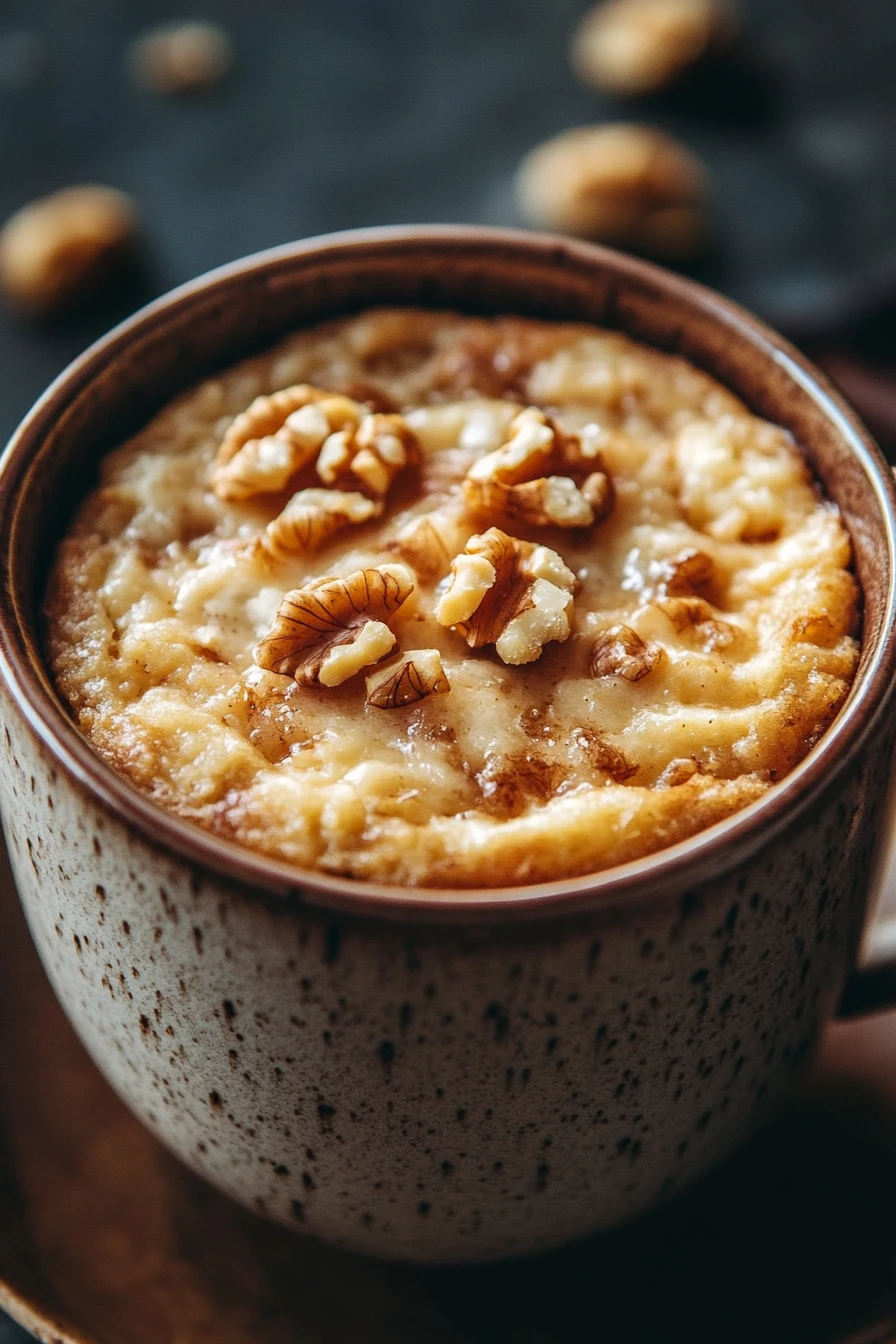 Close-up of a keto banana nut mug cake with a warm, inviting appearance