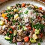 Keto Ground Turkey Skillet Dinner for That Weeknight Rush 3 Close-up of a keto dinner with ground turkey, garnished with herbs and served in a white bowl.
