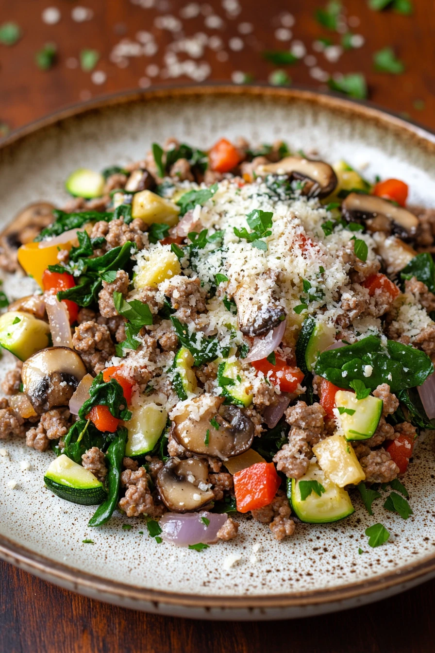 Keto Ground Turkey Skillet Dinner for That Weeknight Rush 2 Close-up of a keto dinner with ground turkey, garnished with herbs and served in a white bowl.