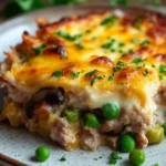 Close-up of keto tuna casserole with peas in a creamy sauce, garnished with herbs.