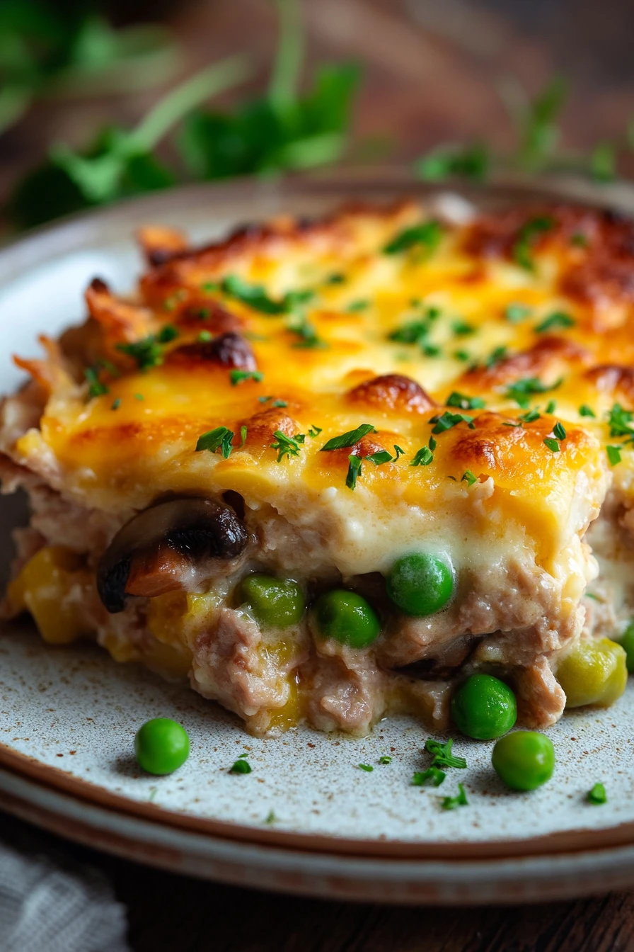 Close-up of keto tuna casserole with peas in a creamy sauce, garnished with herbs.