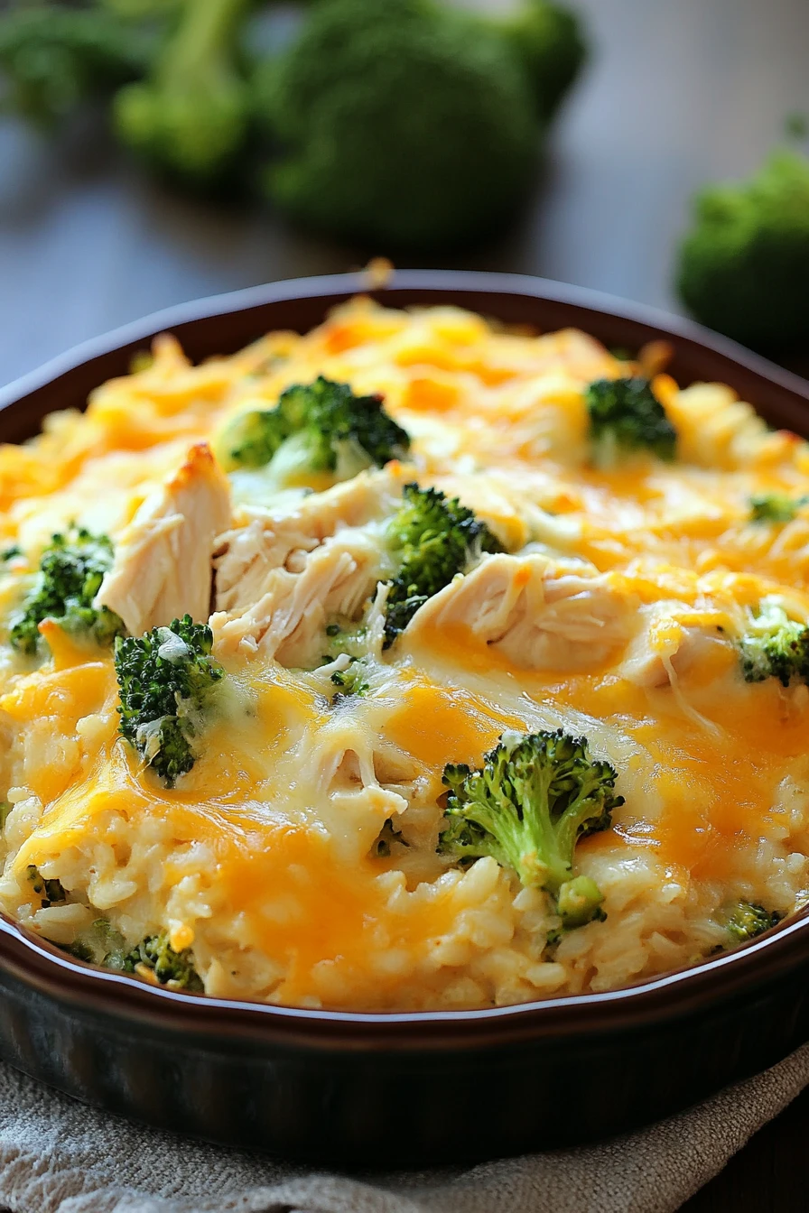 Close-up of a layered chicken broccoli rice casserole with broccoli and rice visible
