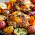 Lemon butter sheet pan chicken with roasted vegetables on a white plate
