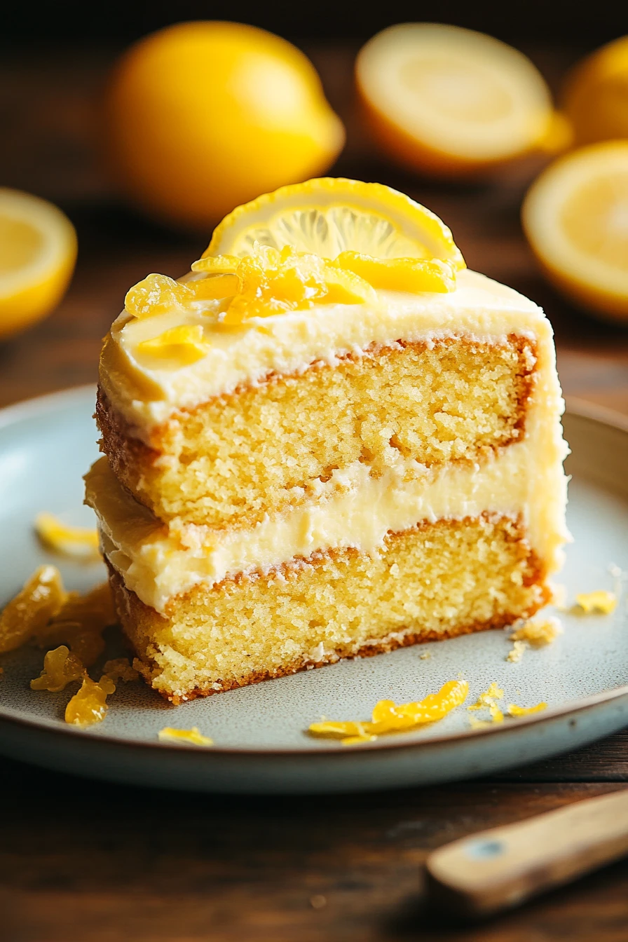 Close-up of a beautifully decorated lemon cake with a light, airy texture and vibrant yellow color.