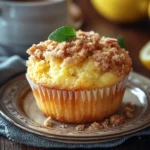 Close-up of lemon streusel muffins with a crumbly topping on a white plate.