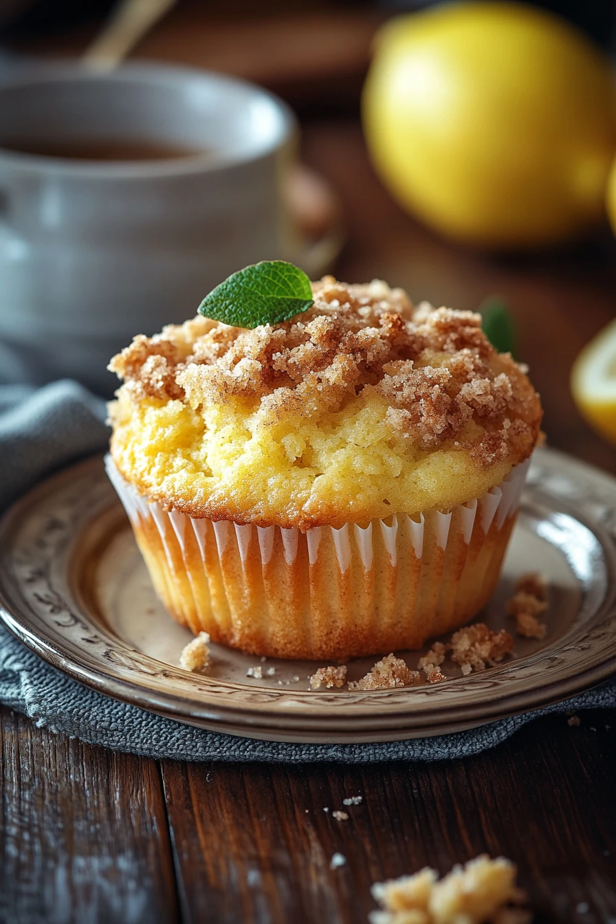 Close-up of lemon streusel muffins with a crumbly topping on a white plate.