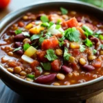 Close-up of a hearty lentil chili in a slow cooker with visible textures and warm lighting.
