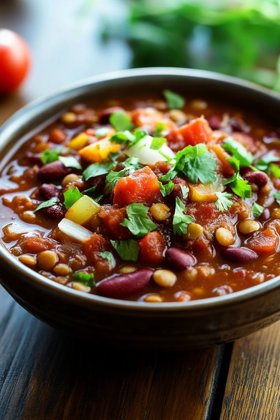 Close-up of a hearty lentil chili in a slow cooker with visible textures and warm lighting.