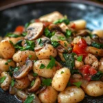 Close-up of creamy low calorie chicken gnocchi with herbs in bright natural light