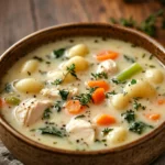 Low Calorie Chicken Gnocchi Soup to Warm You After a Busy Day 3 Close-up of low calorie chicken gnocchi soup with creamy broth and herbs