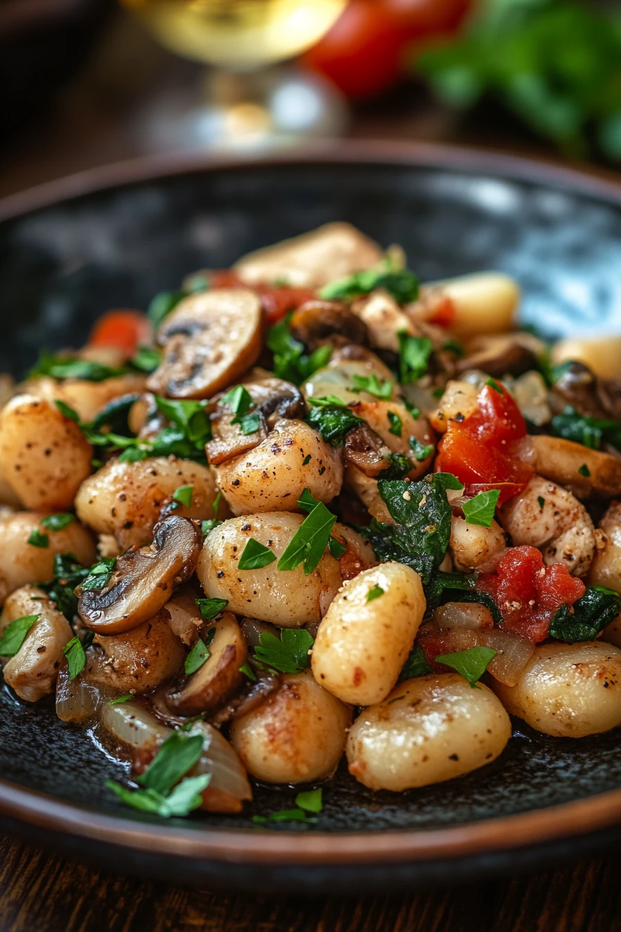 Close-up of creamy low calorie chicken gnocchi with herbs in bright natural light