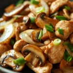 Close-up of a low calorie chicken mushroom dish with bright lighting and minimal background