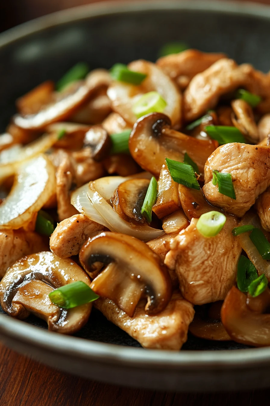 Close-up of a low calorie chicken mushroom dish with bright lighting and minimal background