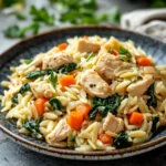 Close-up of a low calorie chicken orzo dish with bright, natural lighting.