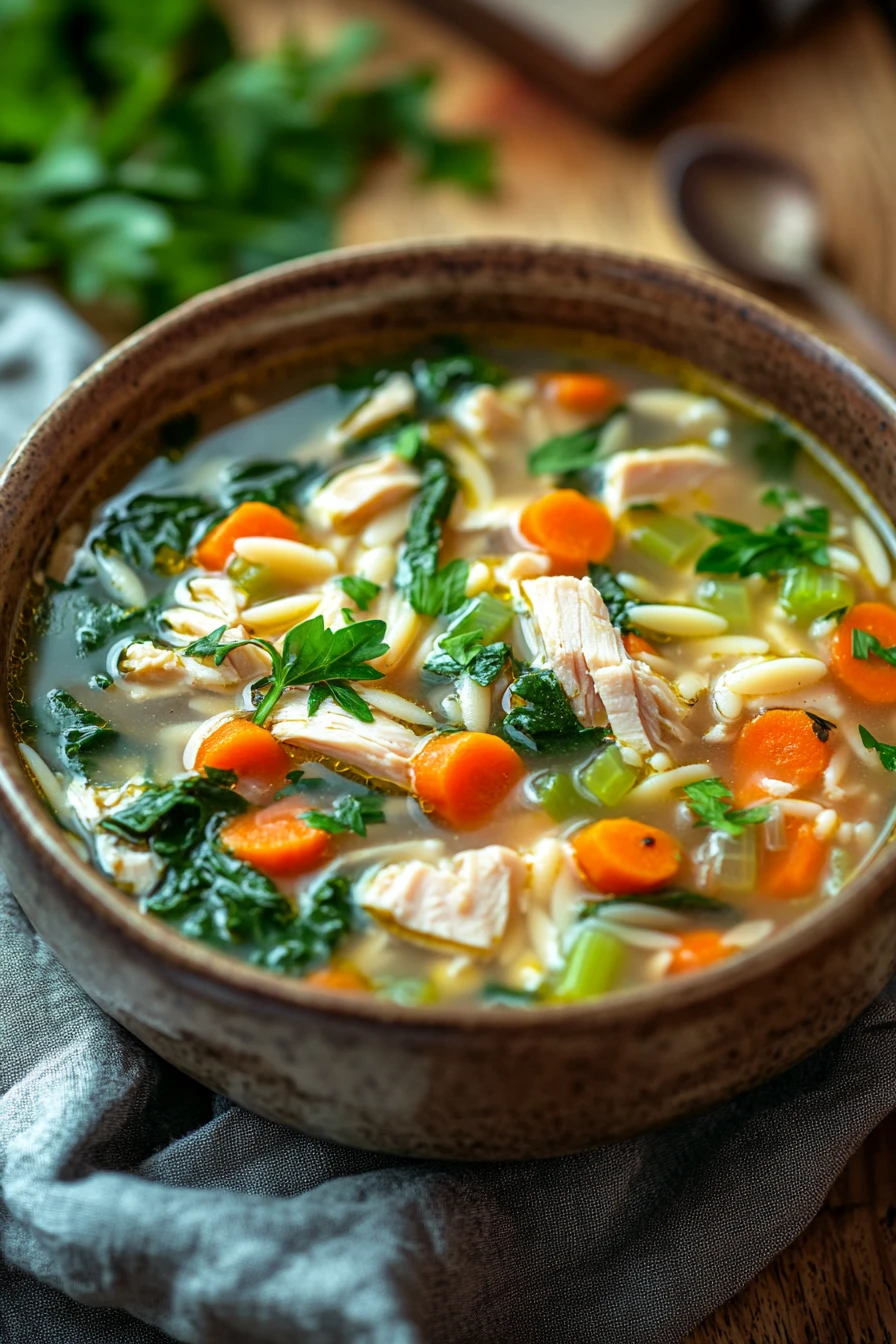 Close-up of a bowl of low calorie chicken orzo soup with vegetables and herbs.