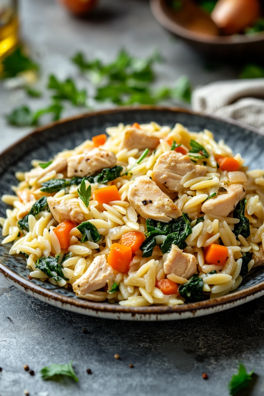 Close-up of a low calorie chicken orzo dish with bright, natural lighting.