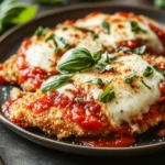 Close-up of low calorie chicken parmesan with melted cheese and tomato sauce
