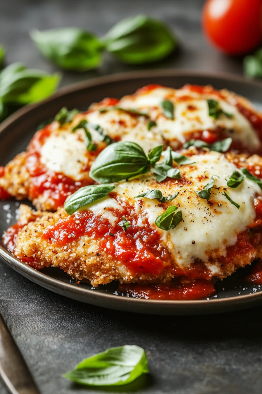 Close-up of low calorie chicken parmesan with melted cheese and tomato sauce