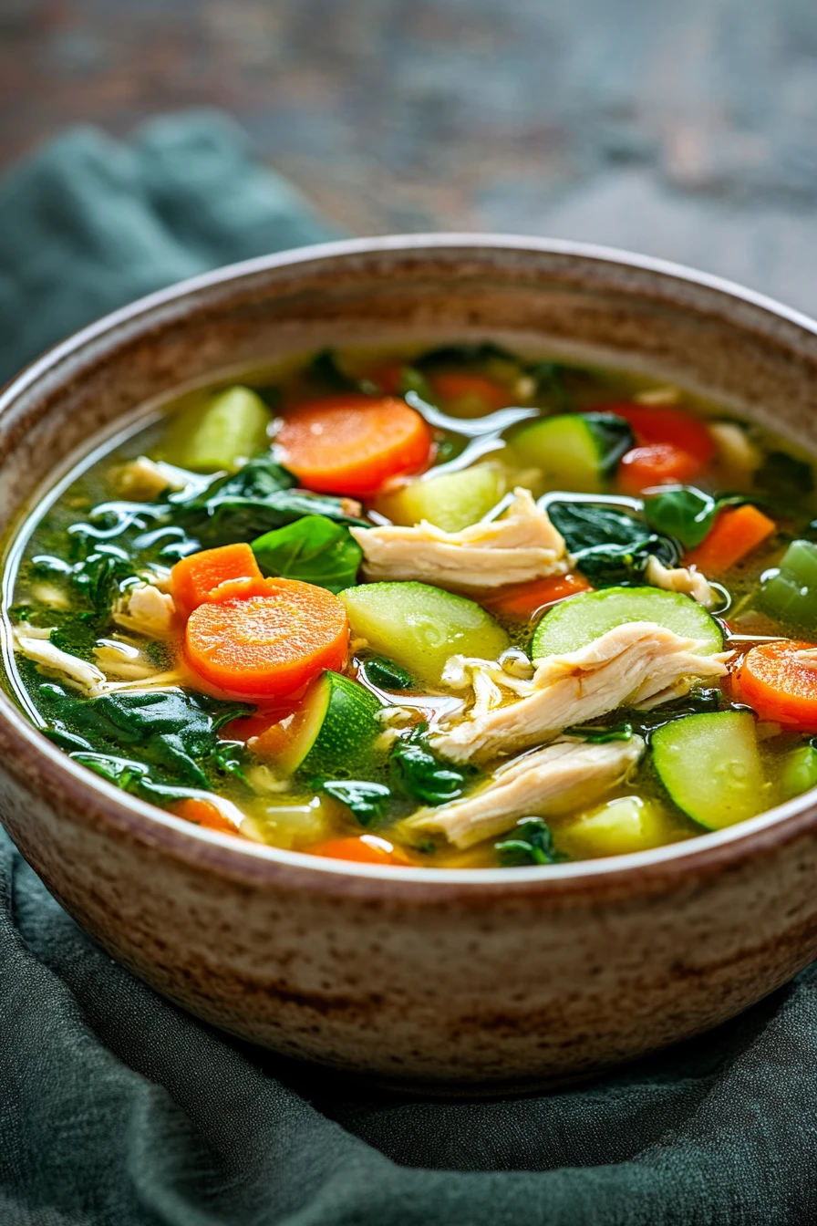 Close-up of a vibrant low calorie chicken vegetable soup with visible ingredients in a bright setting.