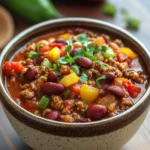 Close-up of a hearty low calorie slow cooker chili with beans and vegetables in a white bowl.