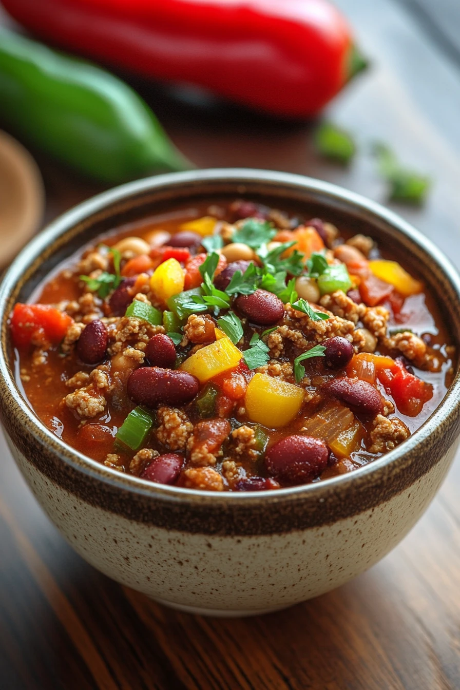 Close-up of a hearty low calorie slow cooker chili with beans and vegetables in a white bowl.