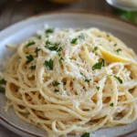 Close-up of creamy lemon pasta with herbs on a white plate
