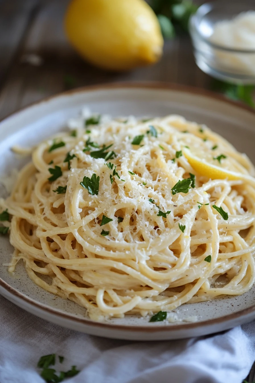Close-up of creamy lemon pasta with herbs on a white plate
