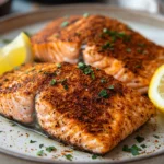 Close-up of cooked salmon fillet in a Ninja air fryer with a crispy, golden surface.