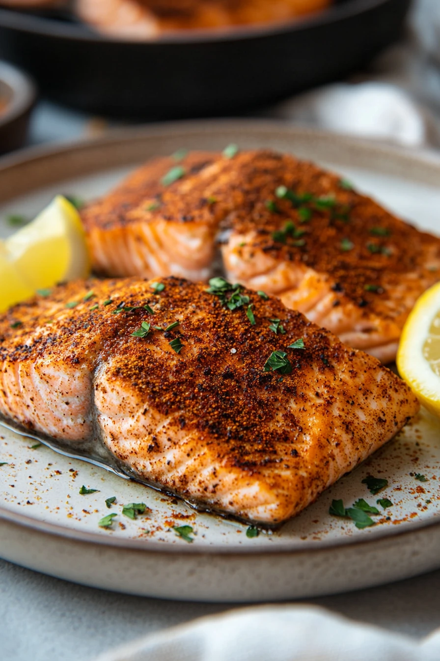 Close-up of cooked salmon fillet in a Ninja air fryer with a crispy, golden surface.