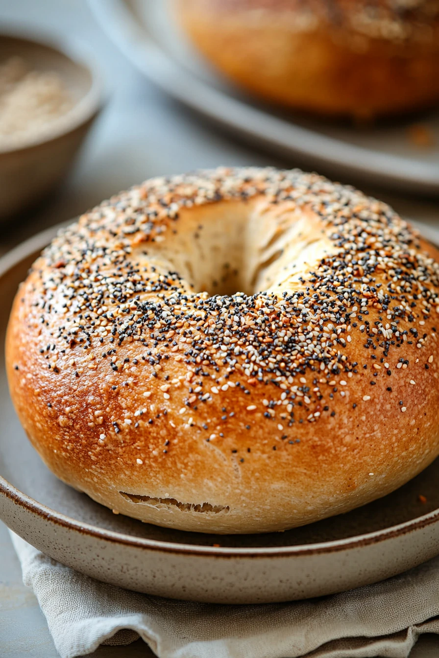 Close-up of no knead bread with everything bagel seasoning on a wooden board