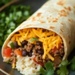 Close-up of a one pot beef burrito with bright natural lighting and minimal background.