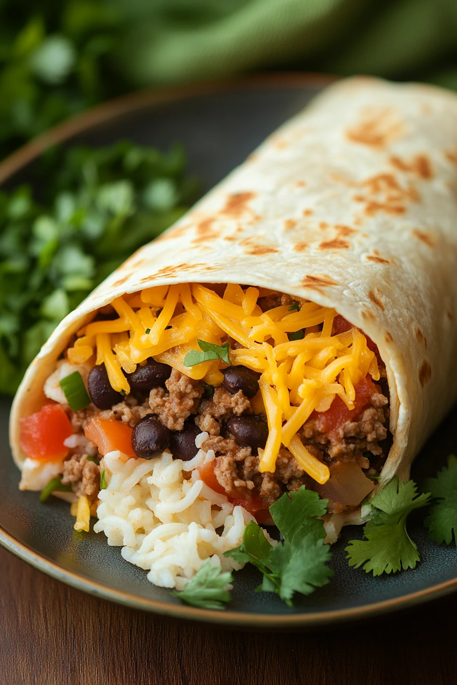 Close-up of a one pot beef burrito with bright natural lighting and minimal background.