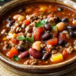 One Pot Beef Chili That Warms You Up After a Long Day 3 Close-up of a hearty one pot beef chili with beans and spices in a rustic bowl.