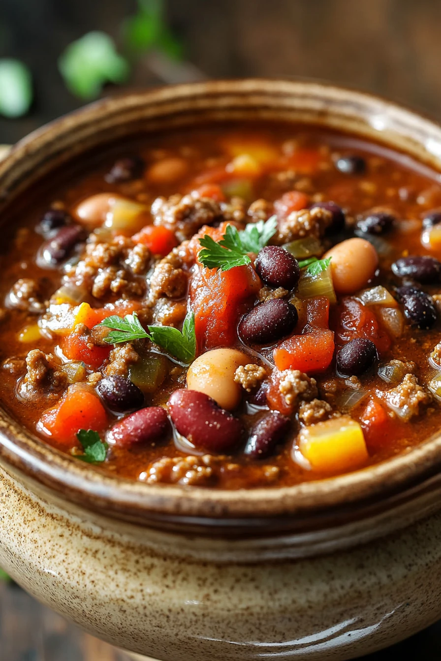 Close-up of a hearty one pot beef chili with beans and spices in a rustic bowl.