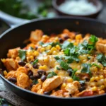 One Pot Chicken Enchilada Skillet for a Cozy Weeknight Dinner 3 Close-up of a one pot chicken enchilada skillet with melted cheese and fresh herbs