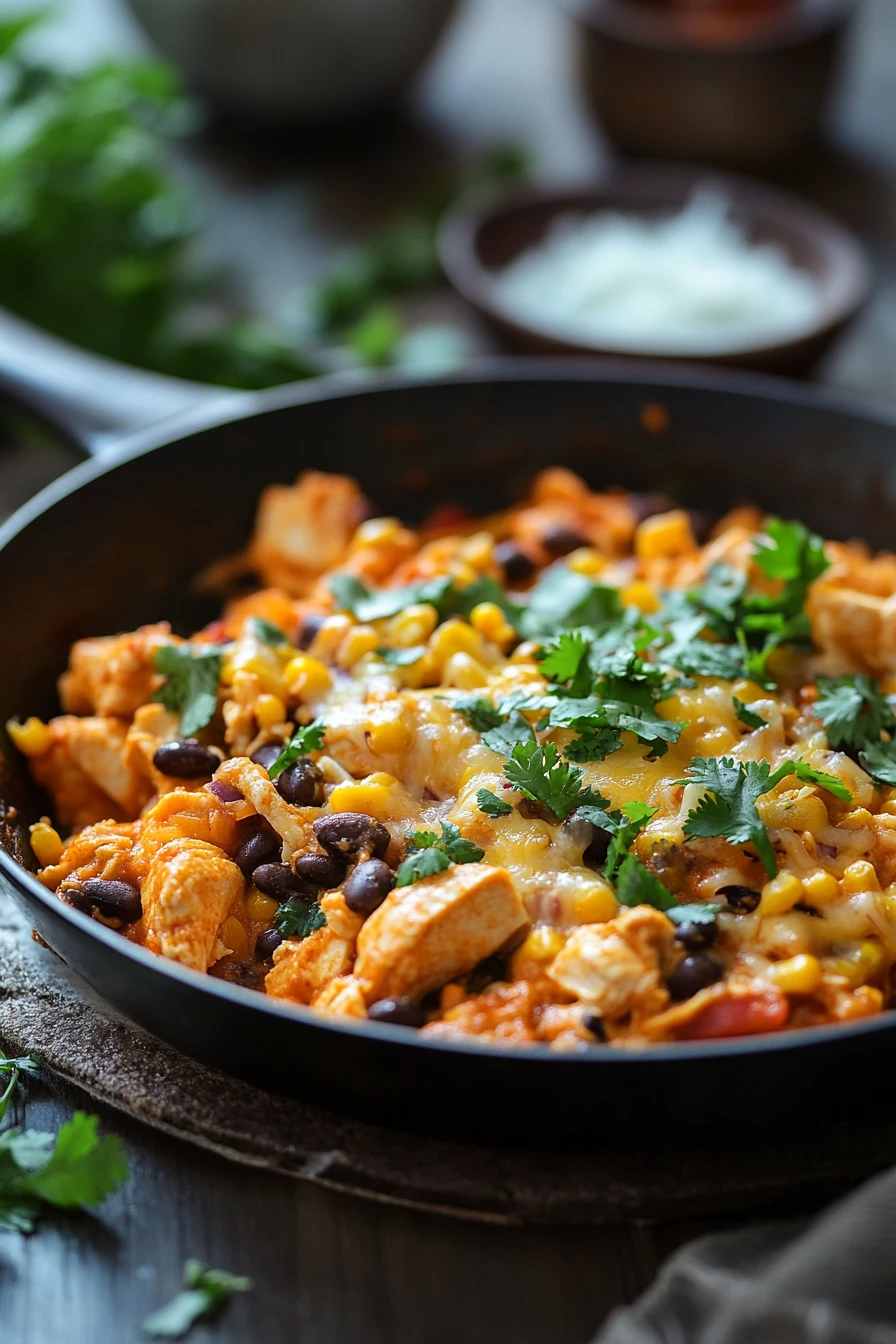 One Pot Chicken Enchilada Skillet for a Cozy Weeknight Dinner 2 Close-up of a one pot chicken enchilada skillet with melted cheese and fresh herbs