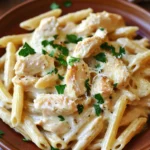 Close-up of creamy chicken garlic parmesan pasta in a white bowl with parsley garnish