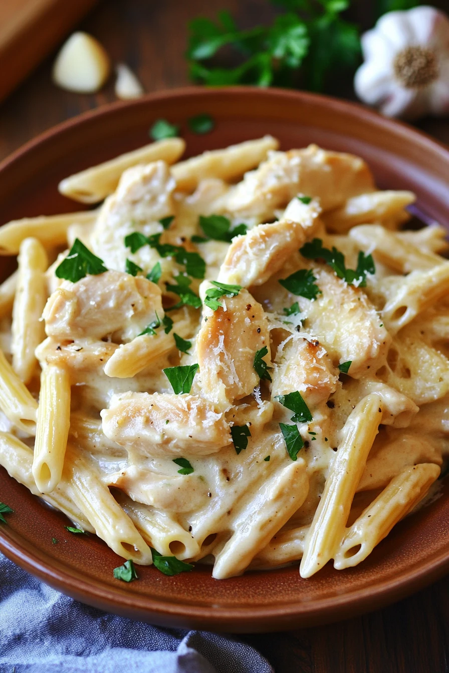 Close-up of creamy chicken garlic parmesan pasta in a white bowl with parsley garnish