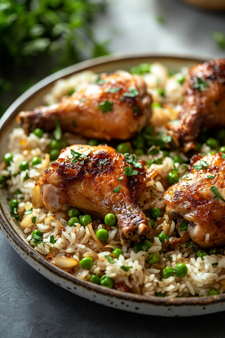 Close-up of one pot chicken legs and rice with herbs in a warm, inviting setting.