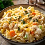Close-up of a creamy one pot chicken noodle casserole with golden crust and herbs.