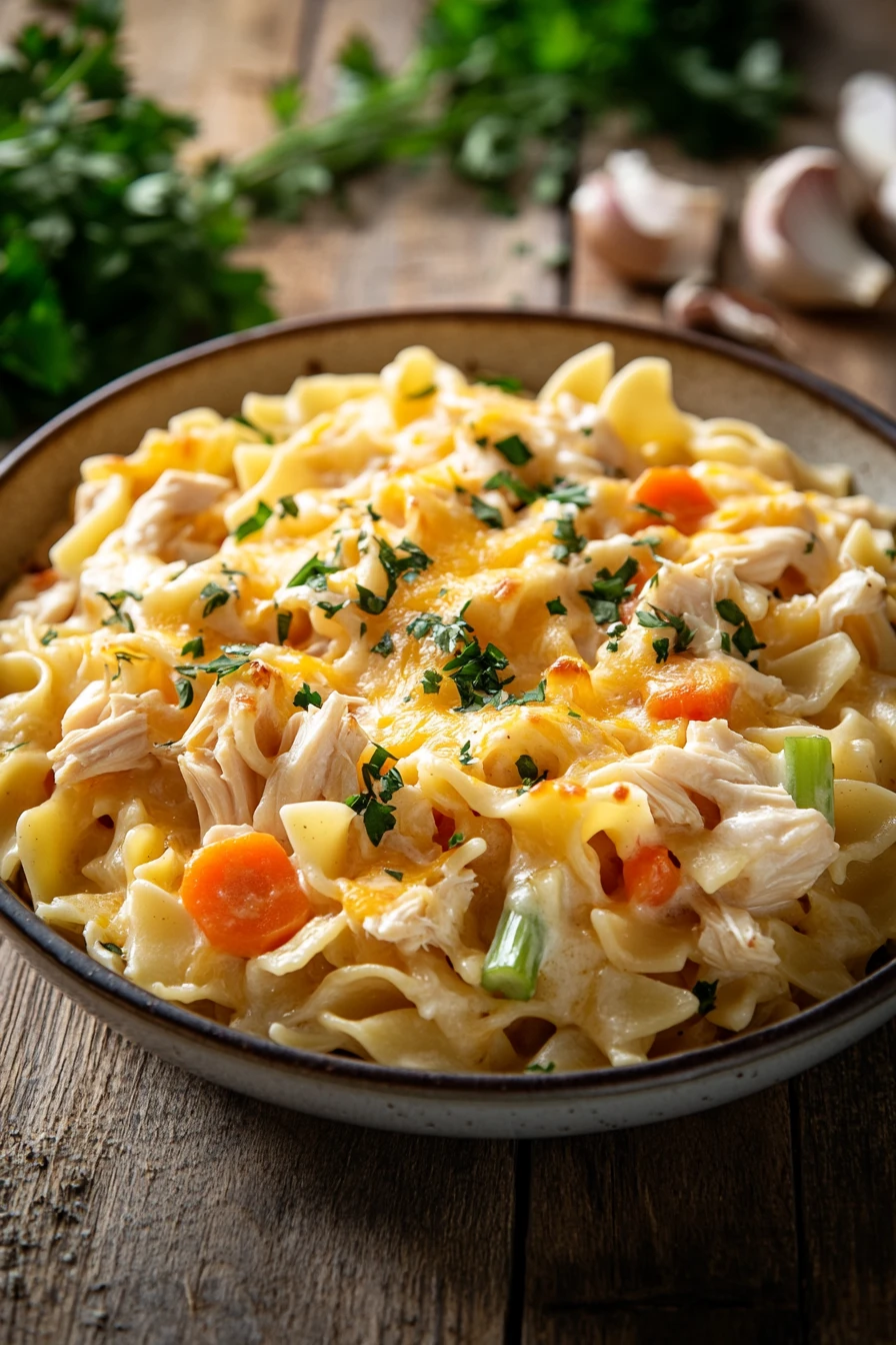 Close-up of a creamy one pot chicken noodle casserole with golden crust and herbs.
